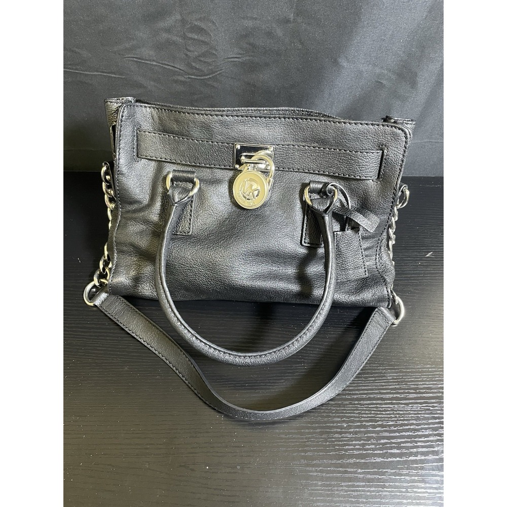 MICHAEL KORS Hamilton Saffiano Leather Black Medium Bag Silver Lock Chain